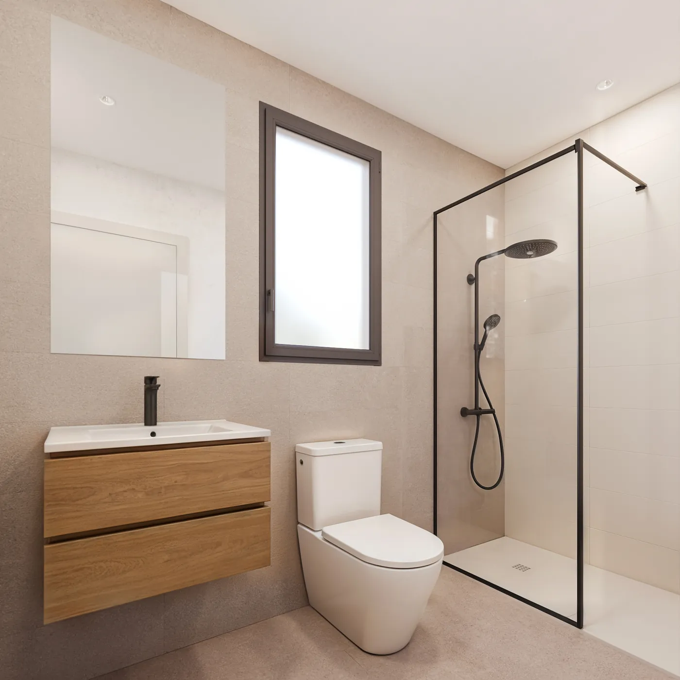 Baño con plato de ducha, mueble de madera y grifería negra