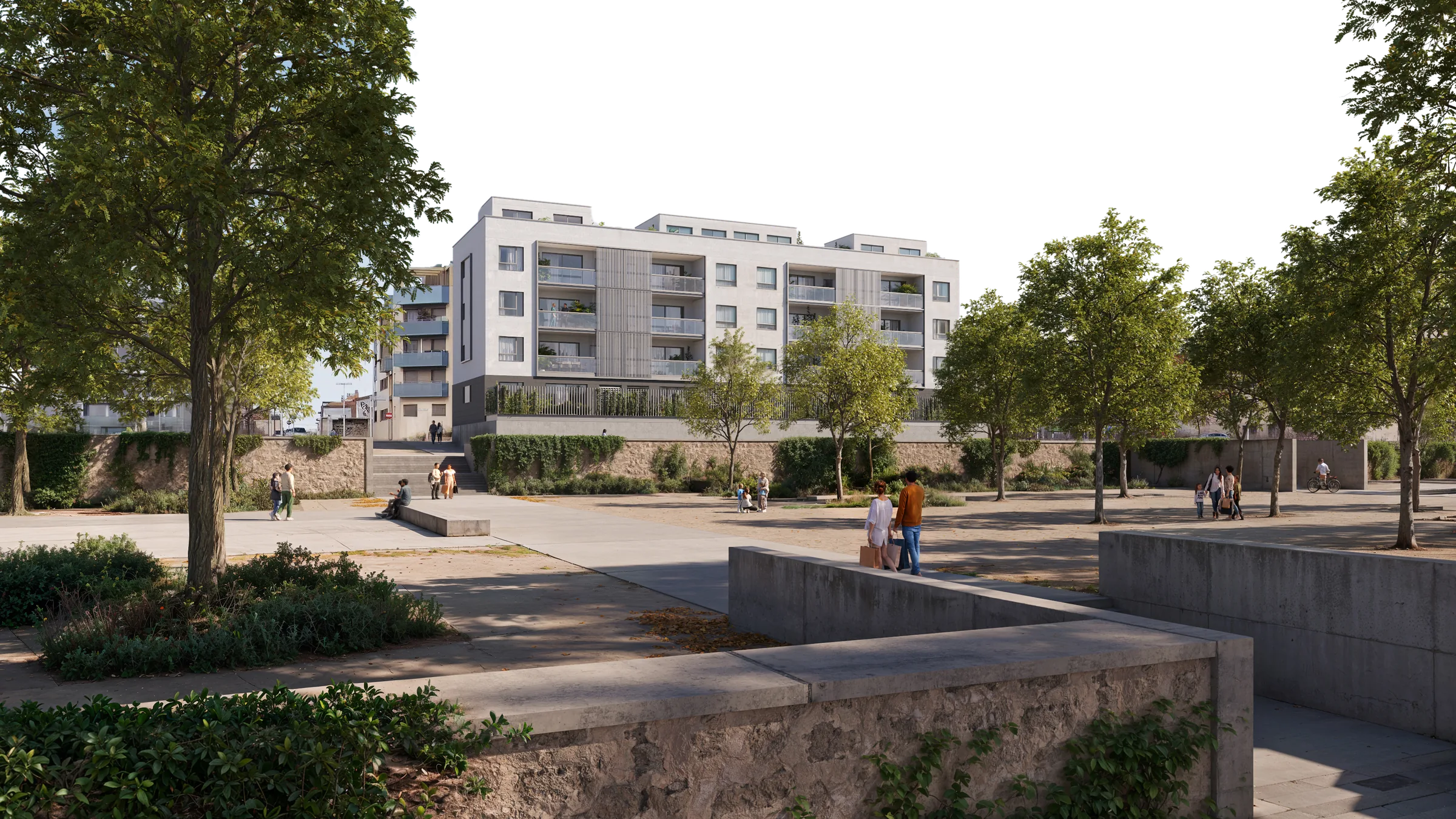 Infografía del edificio Valdefierro visto desde la plaza arbolada