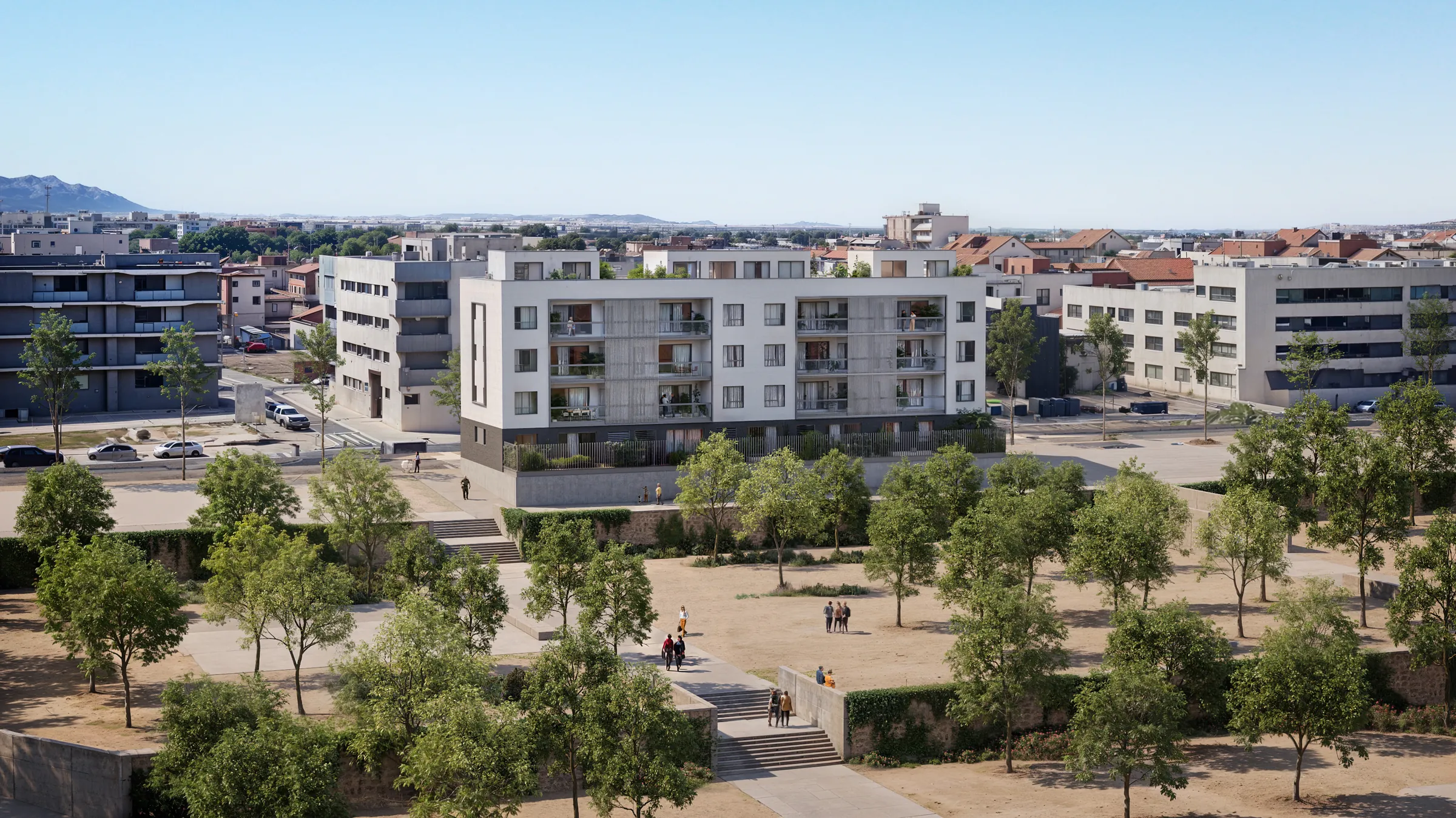 Vista aérea de la promoción en el barrio de Valdefierro, junto a una gran zona verde